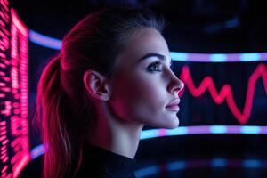 Contemplative woman gazes at a vibrant, abstract data display photo