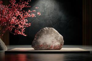 Zen rock podium with red blossom tree backdrop photo