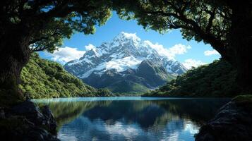 Snowy mountain peak reflected in a tranquil lake photo