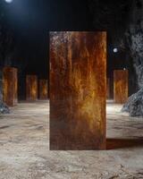 Monolithic structures stand in a mysterious cavernous space photo