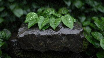 Raindrops on vibrant green leaves atop a dark stone photo