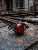 Winged red orb rests on cracked stone surface photo