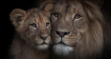 Lion and cub portrait displaying familial love and connection photo