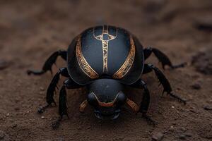 Ornate scarab beetle with golden markings on dark background photo
