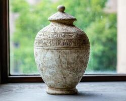 Ancient Egyptian canopic jar with hieroglyphs against blurred background photo