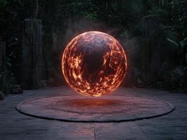 Mystical glowing orb levitates above stone platform in jungle photo