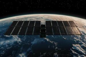 Satellite orbiting Earth with solar panels deployed in space photo