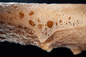 Frothy coffee foam texture with dripping bubbles, close up shot photo