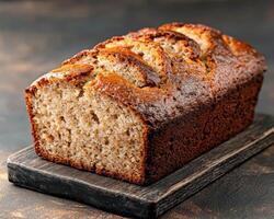 Freshly baked banana bread loaf on a rustic board photo