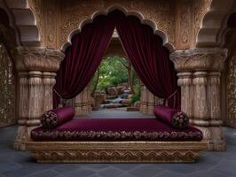 Opulent interior with a daybed and waterfall view photo