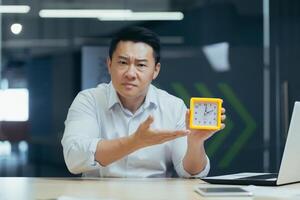 Portrait of a young Asian male businessman sitting in the office at the desk and showing the clock to the camera, worriedly pointing his hand at it. Tired, overtime, lunch time. photo