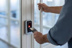 A person is using their smartphone to access an office door using a security system. photo
