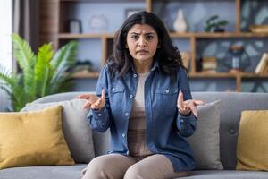 Upset Indian woman sitting on a sofa with a concerned expression. She is gesturing with her hands while looking directly at the camera. photo