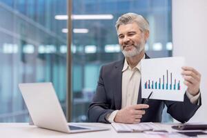 A professional businessman is presenting a chart during a meeting, possibly explaining financial data, using a pen. photo