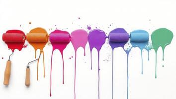 Colorful paint roller and paint paint on white background photo