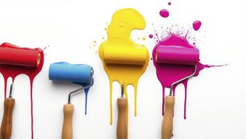 Four paint rollers with paint dripping from them photo