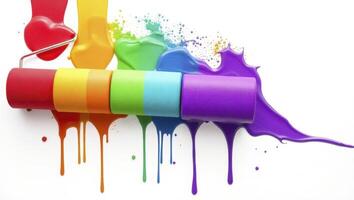 Rainbow Paint Roller with Dripping Colors on White Background photo
