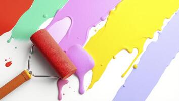 Colorful Paint Roller and Splashes on White Background photo
