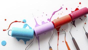 Colorful Paint Rollers with Splashes of Paint on White Background photo