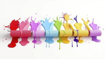Colorful Paint Rollers with Splashes on White Background photo