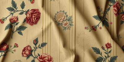 Vintage Floral Pattern on Wood Background with Draped Fabric photo
