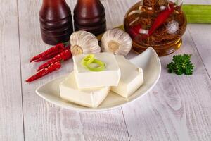 A bowl of tofu with a green onion on top photo
