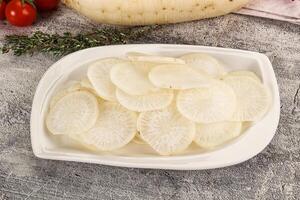 A white plate with sliced potatoes and tomatoes photo