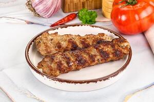 Two grilled meat skewers on a plate with tomatoes and herbs photo