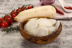 A bowl of sliced potatoes and other vegetables photo