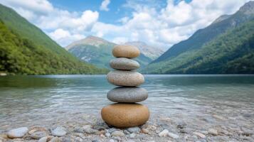Calm stones stacked by serene lake, surrounded by lush mountains and clear skies photo