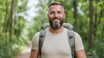 smiling man with beard stands in lush green forest, wearing backpack and casual clothing photo