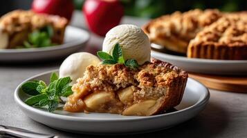 delicious slice of apple crumble pie topped with creamy ice cream and fresh mint leaves photo