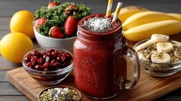 vibrant smoothie made with acai berries, bananas, and topped with coconut flakes, surrounded by photo