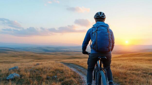 cyclist enjoys scenic sunset view while biking on dirt path through open fields photo