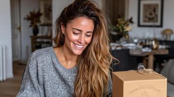 Excited woman unboxing PR package with joyful smile in cozy setting photo
