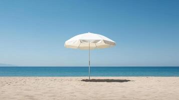 serene beach scene featuring white umbrella casting shadow on sand under clear blue sky photo