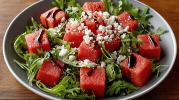 Fresh watermelon salad with greens and feta cheese, perfect for summer enjoyment photo