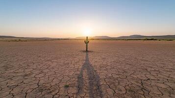 solitary cactus casting long shadow across parched earth sunset, evoking sense of resilience photo