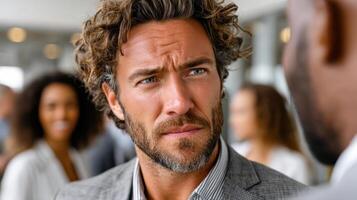 Intense business negotiation scene with focused expressions and professional attire photo