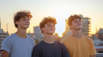 Three young males with curly hair stand together, smiling against sunset backdrop photo