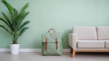 Cozy backpack resting beside sofa in serene green apartment photo