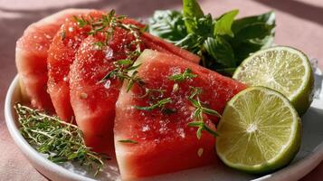 Fresh watermelon slices garnished with herbs and lime create vibrant summer dish photo