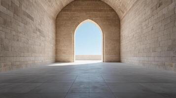 serene archway leads to bright outdoor space, showcasing elegant stone walls and clear sky photo