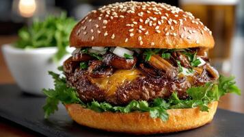 delicious burger with sesame seed bun, juicy beef patty, melted cheese, and fresh toppings photo