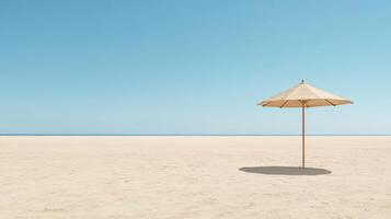 serene beach scene featuring straw umbrella casting shadow on golden sand under clear blue sky photo