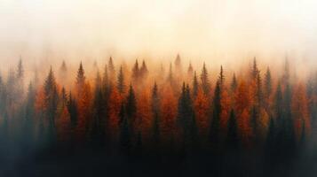 serene forest landscape showcasing vibrant autumn colors with mist enveloping trees photo