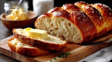 Freshly baked loaf of bread with melting butter, perfect for breakfast or snacks photo
