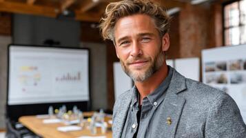 Professional man in stylish blazer smiles confidently in modern office setting photo