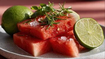 Fresh watermelon slices with lime and herbs create refreshing summer treat photo