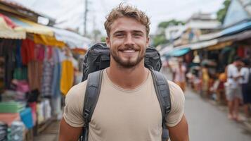 cheerful traveler with backpack smiles in vibrant market, surrounded by colorful stalls photo